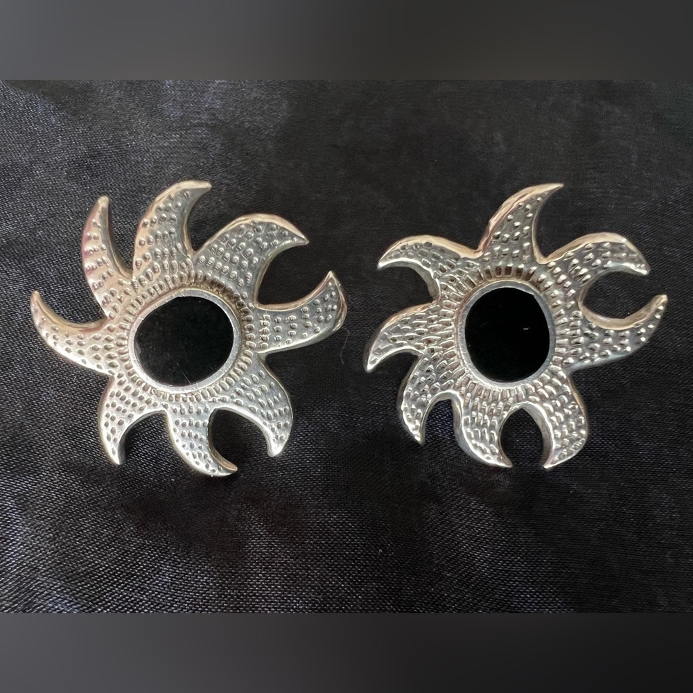 Sterling Silver 925 Sunburst Stud Earrings Black Onyx Center – 1” Vintage - Picture 3 of 5